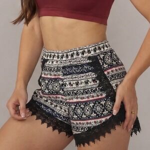 Girl Revolution Elephant Print Crochet Lace Trim Shorts XL Black Multicolor Boho